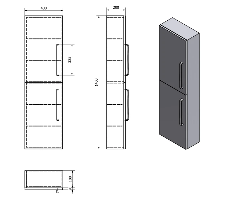 Rysunek techniczny - THEIA szafka wysoka 40x138x19,3cm, sosna rustykalna