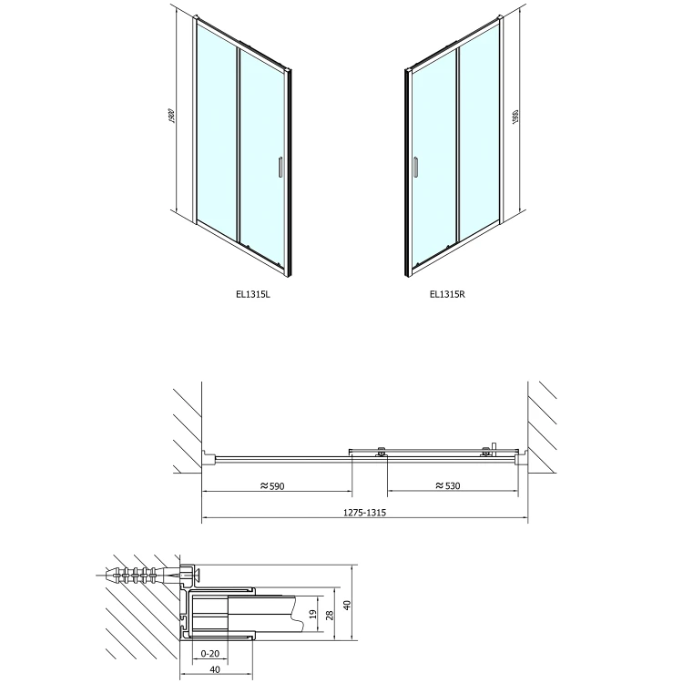 Rysunek techniczny - EASY drzwi prysznicowe 1300mm, szkło czyste