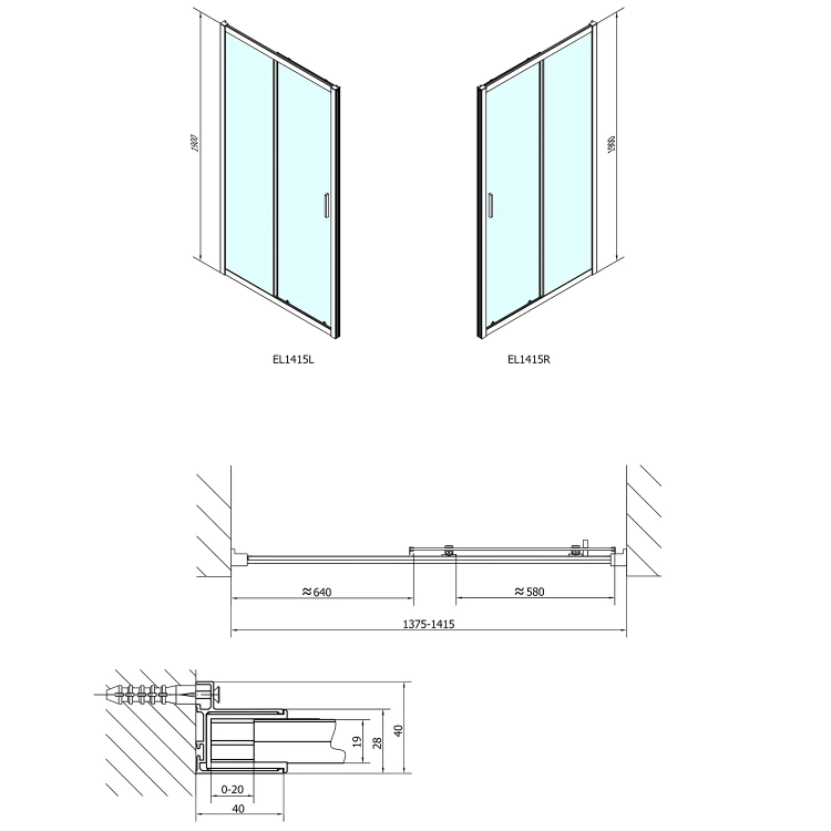 Rysunek techniczny - EASY drzwi prysznicowe 1400mm, szkło czyste