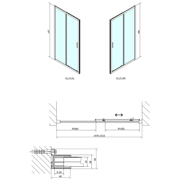 Rysunek techniczny - EASY drzwi prysznicowe 1500mm, szkło czyste