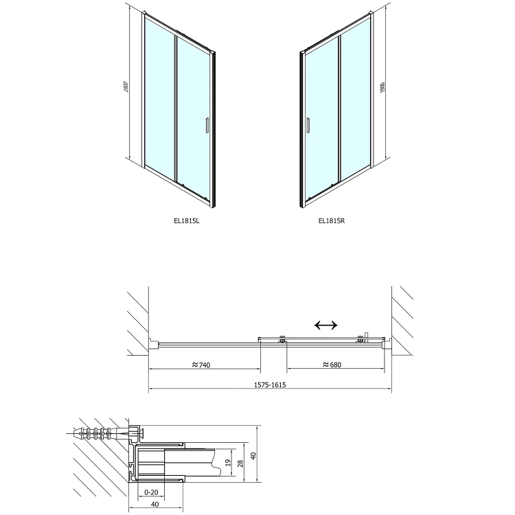 Rysunek techniczny - EASY drzwi prysznicowe 1600mm, szkło czyste