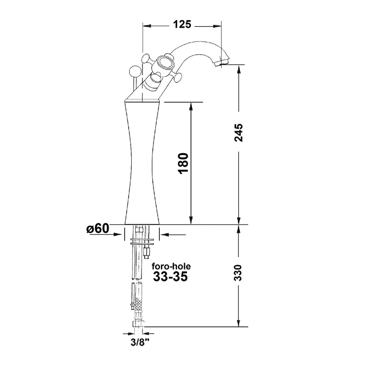 Rysunek techniczny - ANTEA bateria umywalkowa wysoka z odpływem, wysokość 245mm, złoto