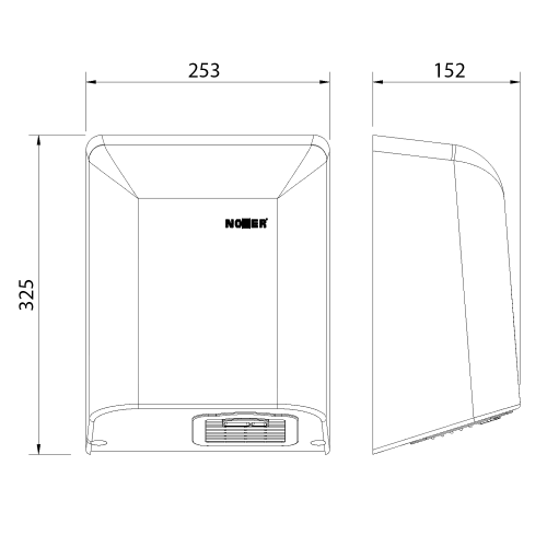 Rysunek techniczny - BIGFLOW bezdotykowa elektryczna suszarka do rąk 220-240V, 2050 W, 253x325x152mm, ABS/biały