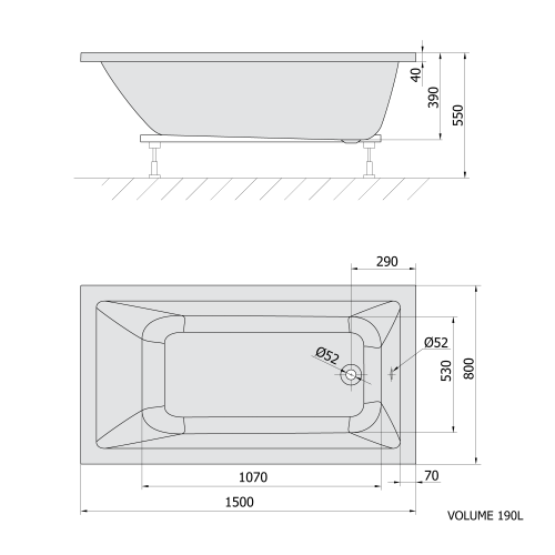 Rysunek techniczny - NOEMI wanna prostokątna 150x80x39cm, biały mat