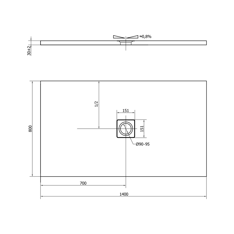 Rysunek techniczny - FLEXIA brodzik kompozytowy z możliwością docinania 140x80cm