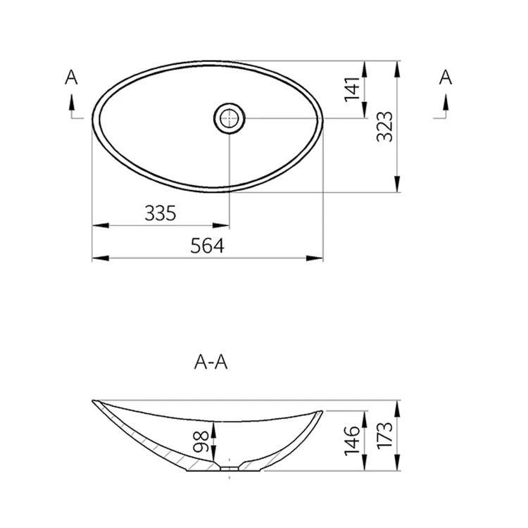 Rysunek techniczny - ROSSETA umywalka kompozytowa nablatowa 56,4x32,3cm, biała