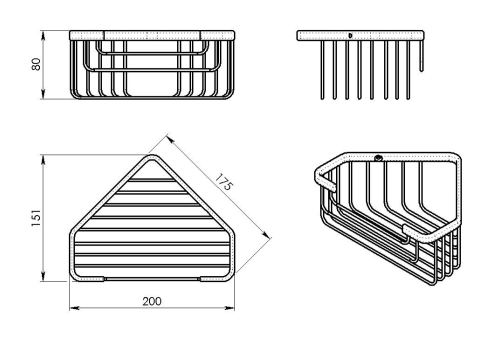 Rysunek techniczny - SMART półka narożna do kabiny prysznicowej, 200x80x151mm, chrom