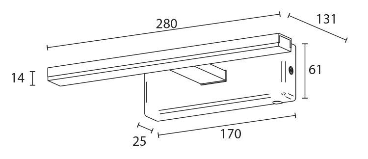 Rysunek techniczny - ESTHER oświetlenie LED ścienne, 6 W, 280x62x131 mm, IP44, chrom