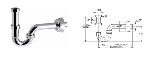Rysunek techniczny - ROYAL FAMILY syfon umywalkowy 5/4", odpływ 32mm, chrom