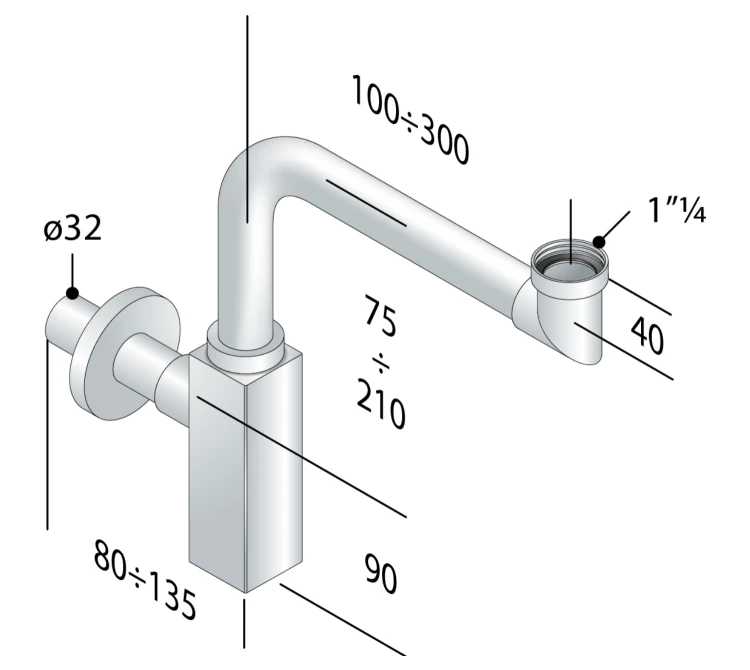 Rysunek techniczny - QUASAR syfon umywalkowy oszczędzający miejsce, 5/4"-32mm, chrom