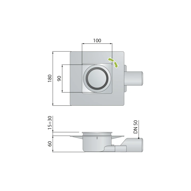 Rysunek techniczny - TIRANA Kratka odpływowa 100x100mm, DN50, chrom