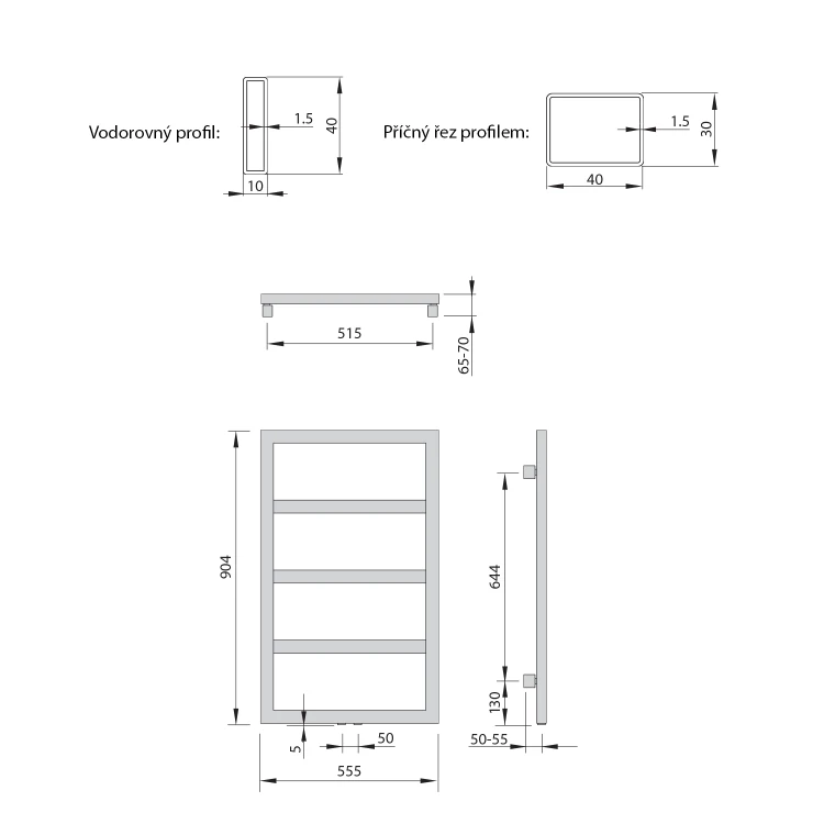 Rysunek techniczny - DENALI grzejnik 550x904 mm, srebrny ze strukturą