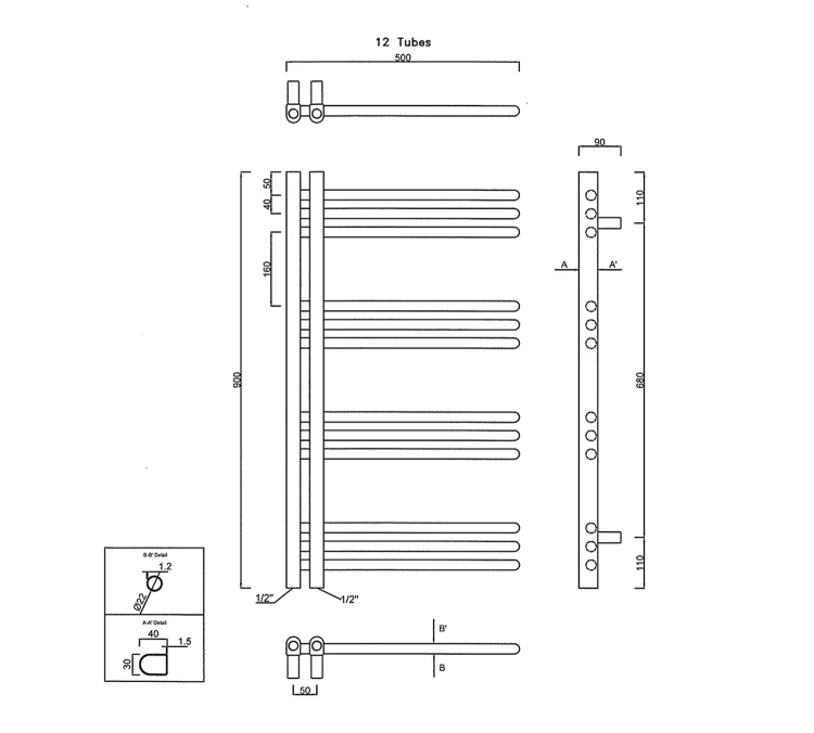 Rysunek techniczny - DORLION grzejnik łazienkowy 500x900mm, biały