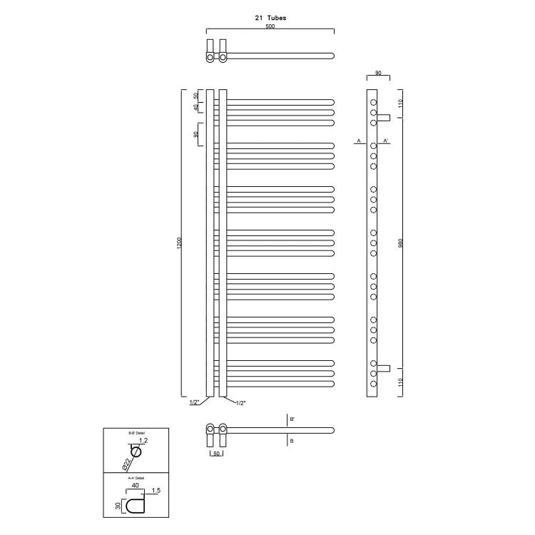 Rysunek techniczny - DORLION grzejnik łazienkowy 500x1200mm, biały