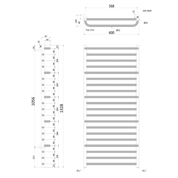 Rysunek techniczny - MANISA grzejnik łazienkowy 600x1328mm, z pięcioma wieszakami na ręczniki, chrom