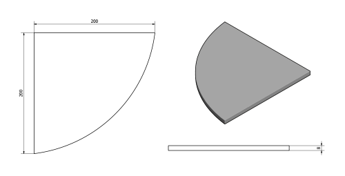 Rysunek techniczny - Półka narożna 200x200x8mm, szkło czyste