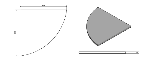 Rysunek techniczny - Półka narożna 200x200x8mm, szkło mleczne