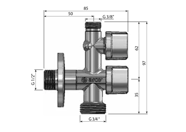 Rysunek techniczny - ARCO zawor kątowy pralkowy podwójny 1/2"x3/4"x3/8", anticalc, chrom