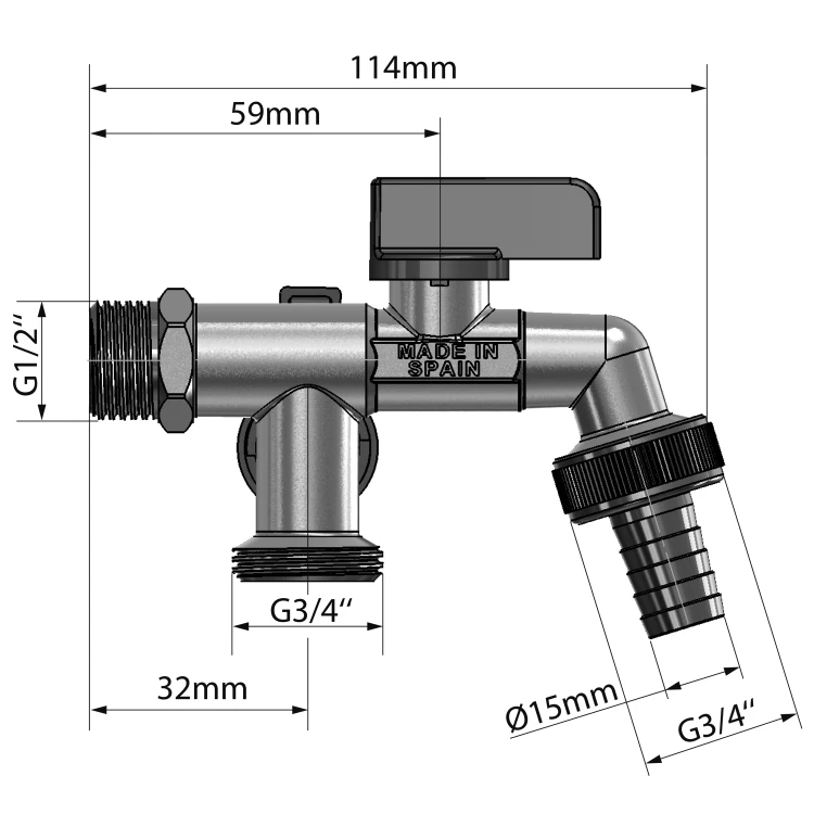 Rysunek techniczny - ARCO zawór ogrodowy z dwoma wylotami Nano1/2"x 3/4"x3/4", anticalc