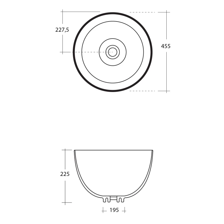 Rysunek techniczny - DOME umywalka ceramiczna nablatowa wysoka, Ø 45,5cm, biały