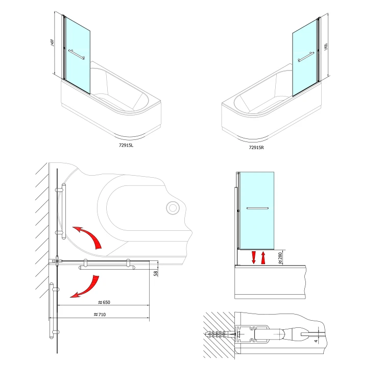 Rysunek techniczny - RIONI parawan wannowy podnoszony pneumatycznie, szer. 710mm, srebrny, szkło czyste