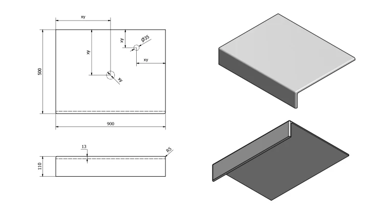 Rysunek techniczny - TAILOR blat kompozytowy 90x50 cm, wersja  F