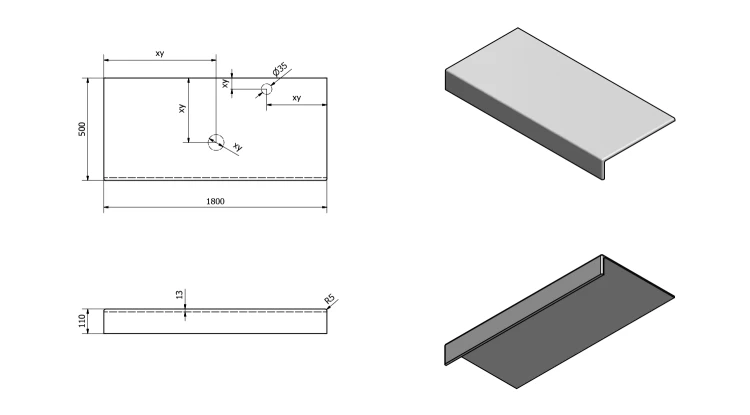 Rysunek techniczny - TAILOR blat kompozytowy 180x50 cm, wersja F
