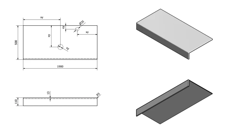 Rysunek techniczny - TAILOR blat kompozytowy 190x50 cm, wersja F