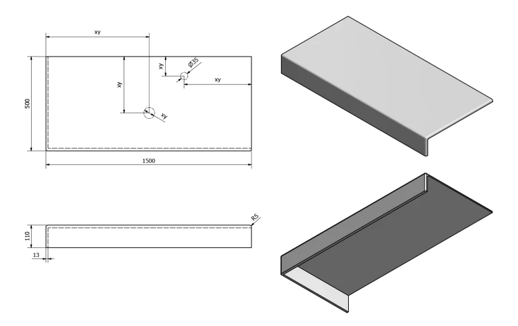 Rysunek techniczny - TAILOR blat kompozytowy 150x50 cm, wersja L