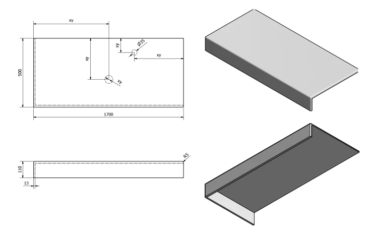 Rysunek techniczny - TAILOR blat kompozytowy 170x50 cm, wersja L