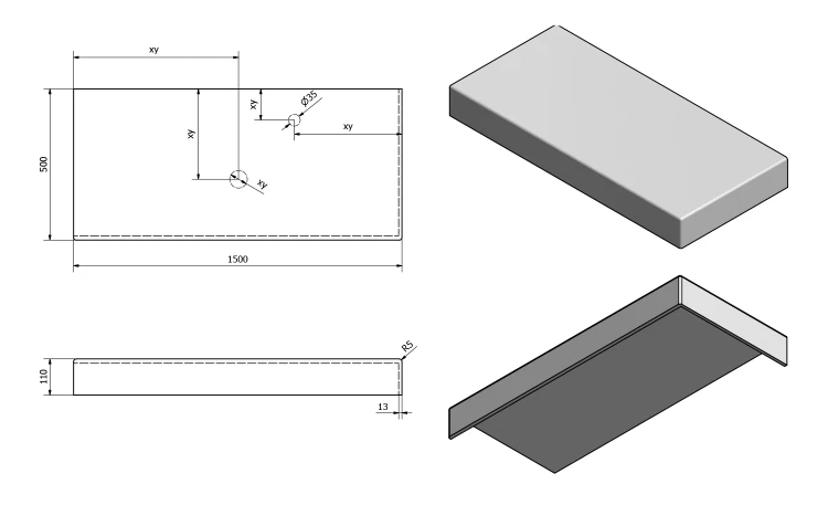 Rysunek techniczny - TAILOR blat kompozytowy 150x50 cm, wersja R