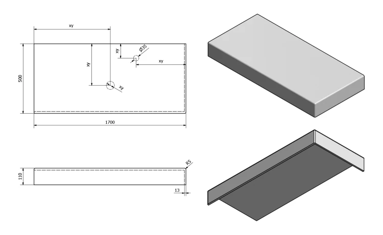 Rysunek techniczny - TAILOR blat kompozytowy 170x50 cm, wersja  R