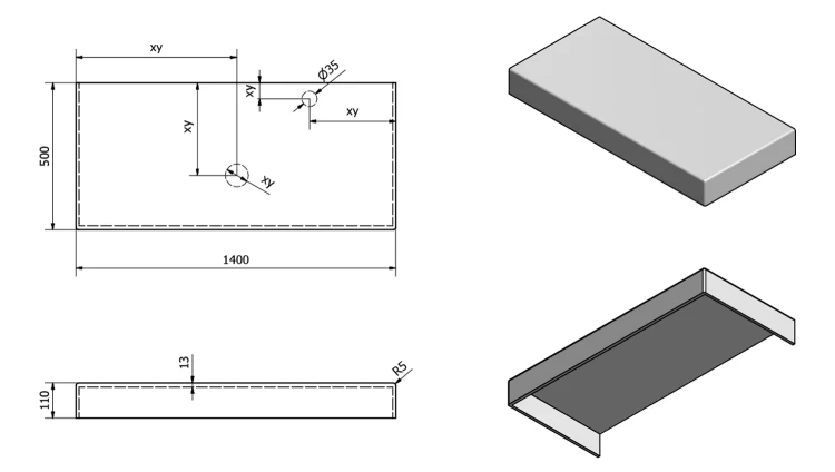 Rysunek techniczny - TAILOR blat kompozytowy 140x50 cm, wersja C