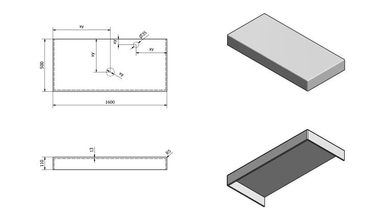 Rysunek techniczny - TAILOR blat kompozytowy 160x50 cm, wersja C