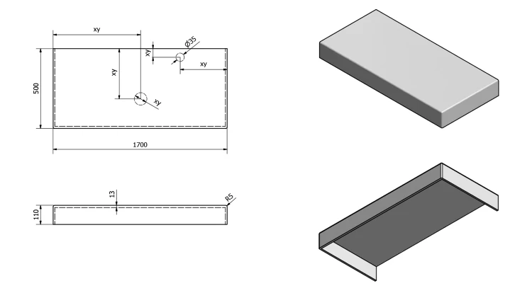 Rysunek techniczny - TAILOR blat kompozytowy 170x50 cm, wersja  C
