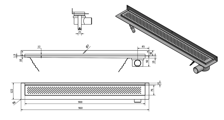 Rysunek techniczny - KROKUS odpływ liniowy ze stali nierdzewnej z rusztem, naścienne, L-960, DN50