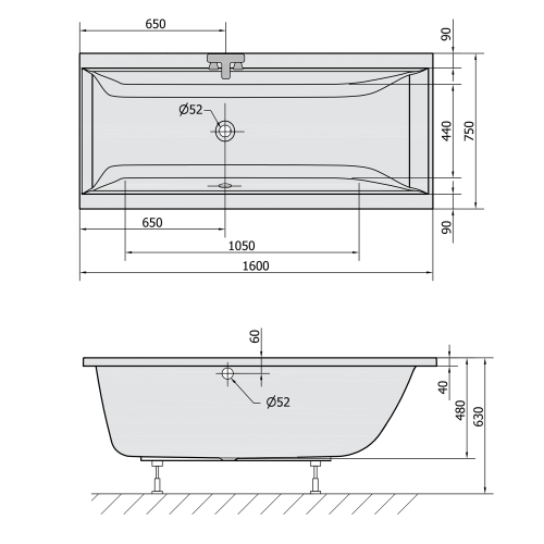 Rysunek techniczny - CLEO wanna prostokątna 160x75x48cm, czarny mat