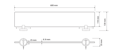 Rysunek techniczny - X-ROUND BLACK szklana półka 600mm, czarny mat