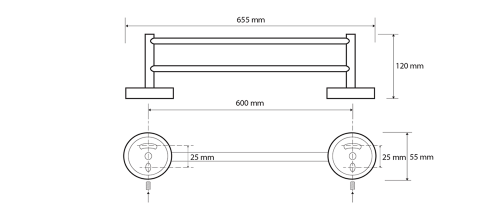 Rysunek techniczny - X-ROUND BLACK wieszak na ręczniki podwójny 600mm, czarny mat