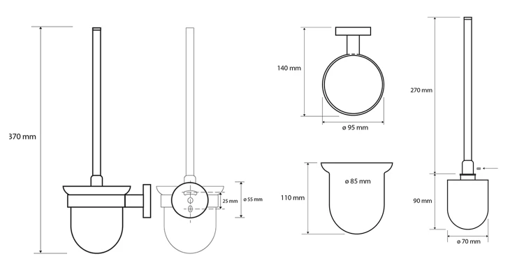 Rysunek techniczny - X-ROUND BLACK wisząca szczotka do WC, szkło mleczne, czarny mat