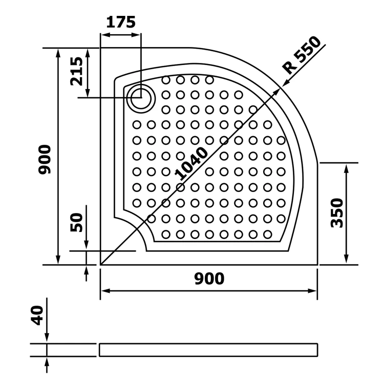Rysunek techniczny - VIVA 90 brodzik prysznicowy kompozytowy, półokrągły 90x90cm, R550