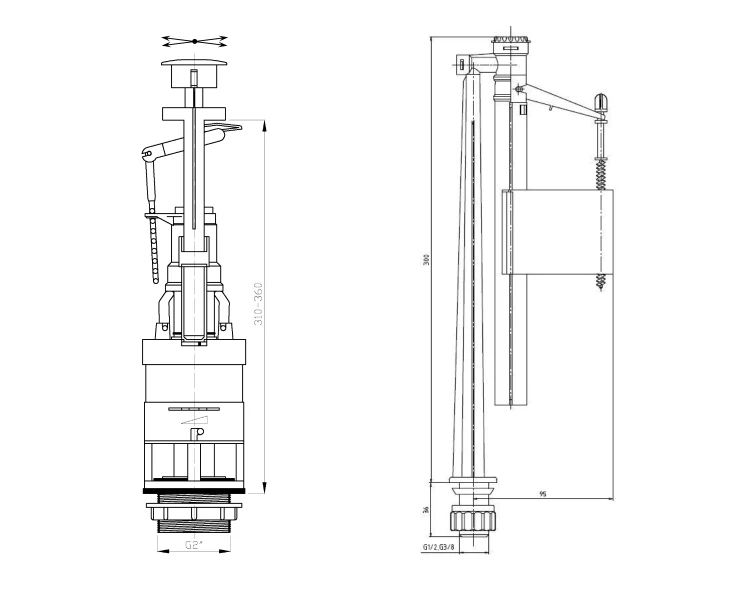 Rysunek techniczny - ANTIK kompakt WC, odpływ pionowy/poziomy, biały