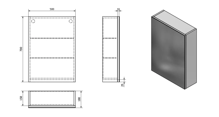 Rysunek techniczny - VEGA szafka z lustrem, 50x70x18cm, dąb platin