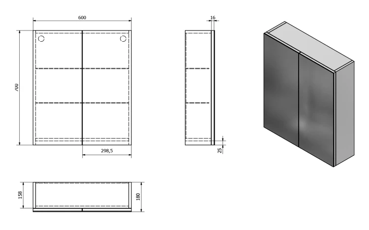 Rysunek techniczny - VEGA szafka z lustrem, 60x70x18cm, dąb platin