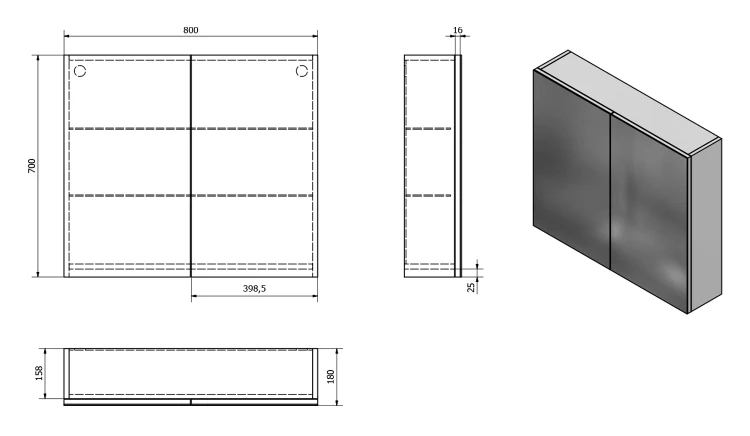 Rysunek techniczny - VEGA szafka z lustrem, 80x70x18cm, dąb platin