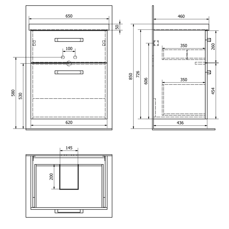Rysunek techniczny - VEGA szafka umywalkowa 62x72,6x43,8cm, 2 szuflady, dąb platin #2