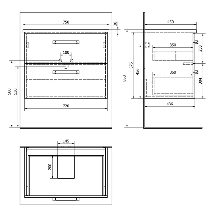 Rysunek techniczny - VEGA szafka umywalkowa 72x57,6x43,8cm, 2 szuflady, dąb platin