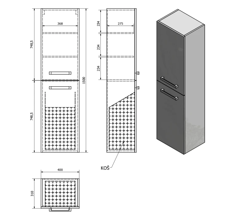 Rysunek techniczny - VEGA słupek wysoki z koszem na bieliznę 40x150x31cm, dąb platin