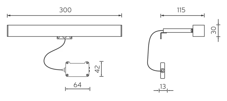 Rysunek techniczny - VERONICA oświetlenie ścienne LED, 6 W, 300x30x115 mm, IP44, chrom