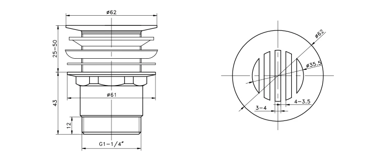 Rysunek techniczny - Odpływ umywalkowy 5/4'', niezamykany, design korek, 25-50mm, chrom
